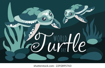 WORLD TURTLE DAY, May 23 vector illustration background. Two turtles swim in the ocean against the background of rocks, algae and rocks. Vector illustration. Holiday card for printing