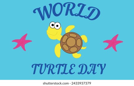 World Turtle Day, May 23 - Turtle and seastars on the cyan background