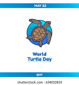 World Turtle Day, May 23. Sea turtle in a blue circle. Vector hand drawn illustration, isolated on white