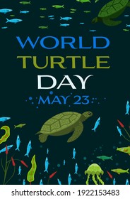 World turtle day in May. International event. Save oceans and seas. Ecological problem. Environmental crisis. National awareness. Editable vector illustration in a  flat cartoon style.