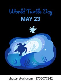  World Turtle Day. Poster. Turtle - on her shell planet earth. White outline. Dark blue background. EPS 10