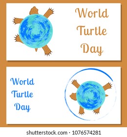 World Turtle Day. Reptile Turtle. Land Tortoise. View From Above. Walking, Running. The Tortoise Shell Is The Planet Earth. Flyers For Event Participants.