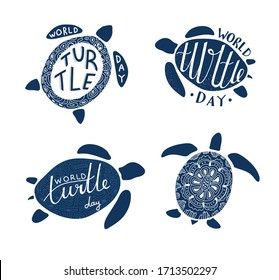 World turtle day set. Hand drawn bicolor blue white turtles with doodle style tortoise shells and lettering. Isolated on white. Stickers mini set with sea animals swimming. Original design for print.