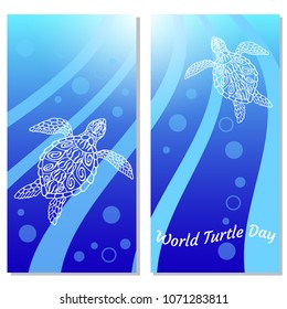 World Turtle Day. Water turtles swim up. Rays, bubbles, light. Drawing in ethnic aboriginal style. Blue background. Flyers for event participants.