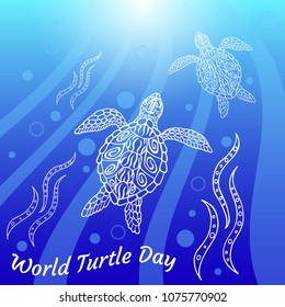 World Turtle Day. Water turtles swim up. Rays, bubbles, light. Drawing in ethnic aboriginal style. Blue background