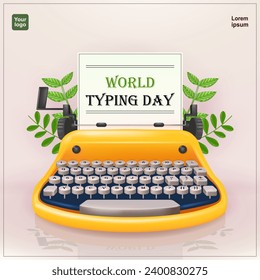 World Typing Day, retro typewriter with plant elements. 3d vector suitable for events