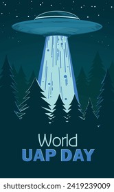 World UAP Day. Alien spaceship emitting light beam over forest at night, vector illustration