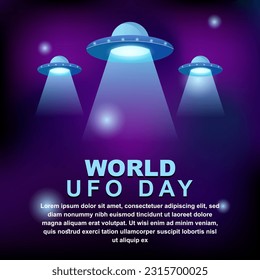 World ufo day 2 july, poster greeting card illustration design with UFO in background galaxy night purple