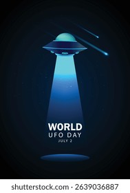 World UFO Day 2 July glowing UFO in night sky vector poster