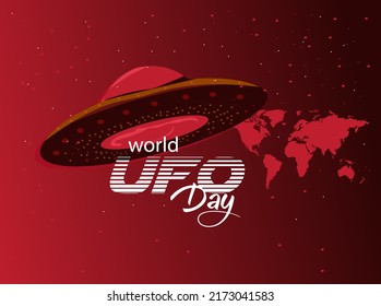 World UFO Day 2nd July illustration on night galaxy gradient color background design. World UFO Day. Flying saucer in space. Vector illustration.