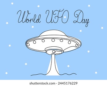 World UFO Day. Abstract UFO saucer,space alien ship,continuous single line art hand drawing sketch