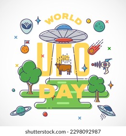 World UFO Day Abstract Vector Greeting Card Label Template. Alien Spaceship Cow Abduction Flat Graphics Illustration with Aliens Face, Blaster Gun, Planets and other Elements. Isolated