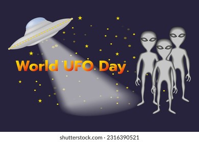 World UFO Day. Alien in space. Vector illustration with flying saucer, aliens, night sky with stars. For poster, banner, greeting card.
