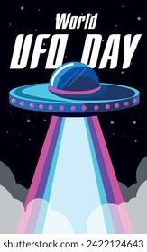 World UFO Day. Alien spaceship among stars in space, vector illustration