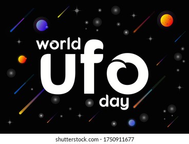 World UFO Day is an awareness day for people to gather together and watch the skies for unidentified flying objects. The day is celebrated by some on June 24, and others on July 2. Vector EPS 10