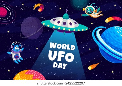 World UFO day banner with funny cute aliens and UFO saucer. Universe adventure, outerspace research or space exploration vector poster or banner with starry galaxy planets and aliens happy characters