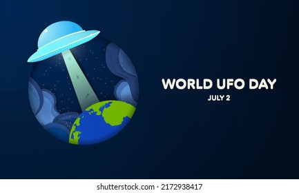 World UFO Day Banner. July 2. Paper cut out and trendy concept. Paper origami alien UFO abducting human and animals from earth. Editable Vector Illustration Template with copy space. EPS 10.