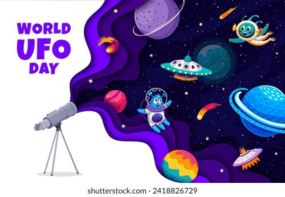 World UFO day banner with paper cut galaxy, space planets and aliens, cartoon vector background. Telescope and Martian alien in galaxy for world UFO day, extraterrestrial science and astronomy holiday