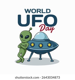 World UFO Day banner or poster with an alien