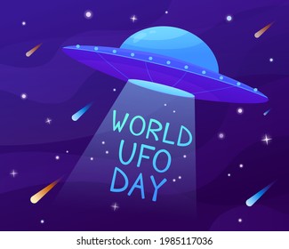 World ufo day. Branch tree illustration cosmos. Flying saucer in cartoon style. Banner
