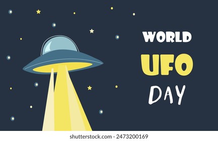 World Ufo day. Branch tree illustration cosmos. Flying saucer in cartoon style. Banner