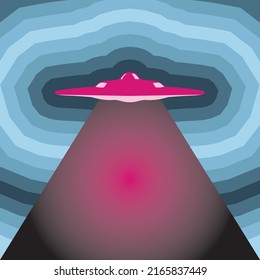 World UFO Day celebration. Image of flying saucer with hypnotic glow floating in the sky. Poster banner with copyspace. EPS10
