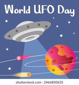 World UFO day.  Comets fly near a UFO in space near the red planet. Space background. World UFO day poster.