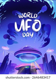 World UFO Day with the concept of alien aircraft in the city at night, Cartoon vector illustration of a UFO dominated by purple color