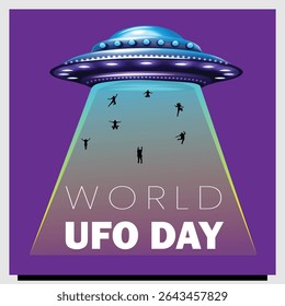 World UFO Day concept with Aliens Abducting Humans from Earth vector illustration poster design 