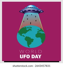 World UFO Day concept with Aliens Abducting Humans from Earth vector illustration poster design 