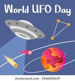 World UFO day. Constellation, comets and UFO in space near the red planet. Space background. World UFO day poster.