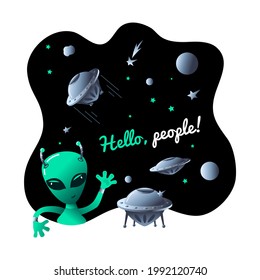 World UFO Day. A cute alien waves his hand in greeting. Illustration for a postcard, banner, poster, or website. Vector, isolated, on a white background.