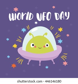 World UFO Day. cute alien in space plate