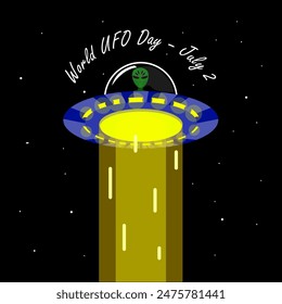 World UFO Day event banner. An alien spaceship emitting light during a starry night to celebrate on July 2nd