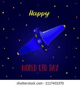 World UFO Day. Flying Saucer, Spaceship And UFO card vectr illustration. Cartoon funny UFO, unidentified spaceship and spacecrafts from alien invaders, 