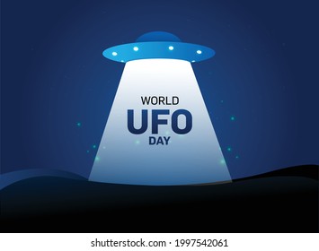 World UFO Day. Flying saucer in space. Vector illustration. World UFO day poster, UFO text flying in space illustration vector