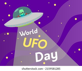 World UFO Day. A flying saucer in space with an alien. Vector illustration.