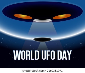 World UFO Day. Flying saucer in space. Vector illustration.