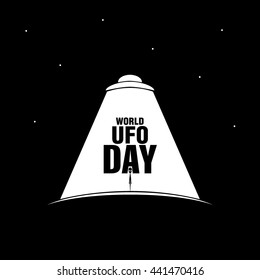 World UFO Day. Flying saucer. Planet and spaceship. Vector. EPS10
