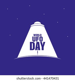 World UFO Day. Flying saucer. Planet and spaceship. Vector. EPS10