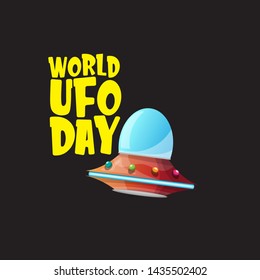 world ufo day greeting card or print with flying Saucer. Cartoon Flying Saucer