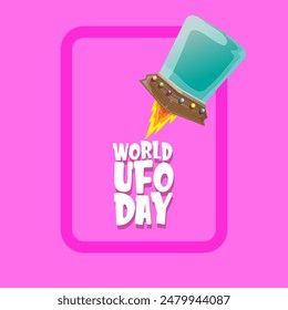 World Ufo Day greeting card and banner with flying Saucer isolated on pink background. Cartoon Flying Saucer icon and label