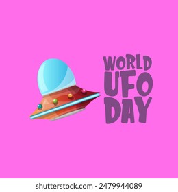 World Ufo Day greeting card and banner with flying Saucer isolated on pink background. Cartoon Flying Saucer icon and label