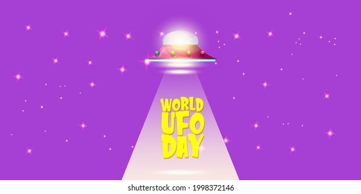 world ufo day horizontal banner with flying with cartoon flying Saucer on violet night sky background. Cartoon Flying Saucer with text UFO DAY