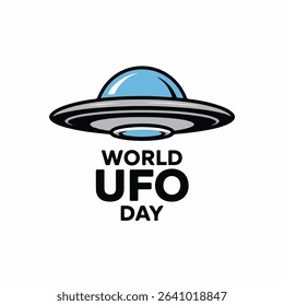 World ufo day illustration featuring a flying saucer and typography on a white background