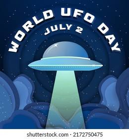 World UFO Day. July 2. Paper craft origami concept. Blue shiny UFO with light beam on paper origami space background with yellow stars. Sci-fi typography. Modern and trendy vector Illustration. EPS 10
