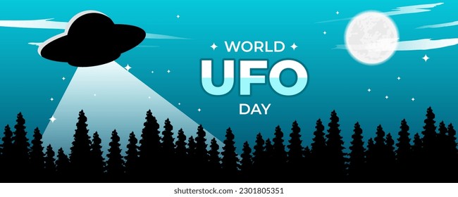 World UFO Day on 02 July Banner Background. UFO Silhouette Concept in Pine Forest with Night Sky, Moon and Stars. Horizontal Banner Template Design. Vector Illustration