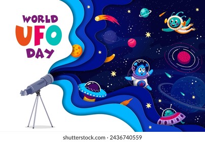 World ufo day, paper cut galaxy space with aliens and ufo. Vector 3d banner offering to unveil the extraterrestrial mystery. Join the global celebration, spark curiosity, explore the unknown wonders