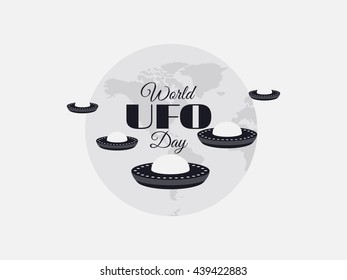 World UFO Day, planet and spaceship. Flying saucer. Vector illustration.