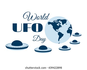 World UFO Day, planet and spaceship. Flying saucer. Vector illustration.